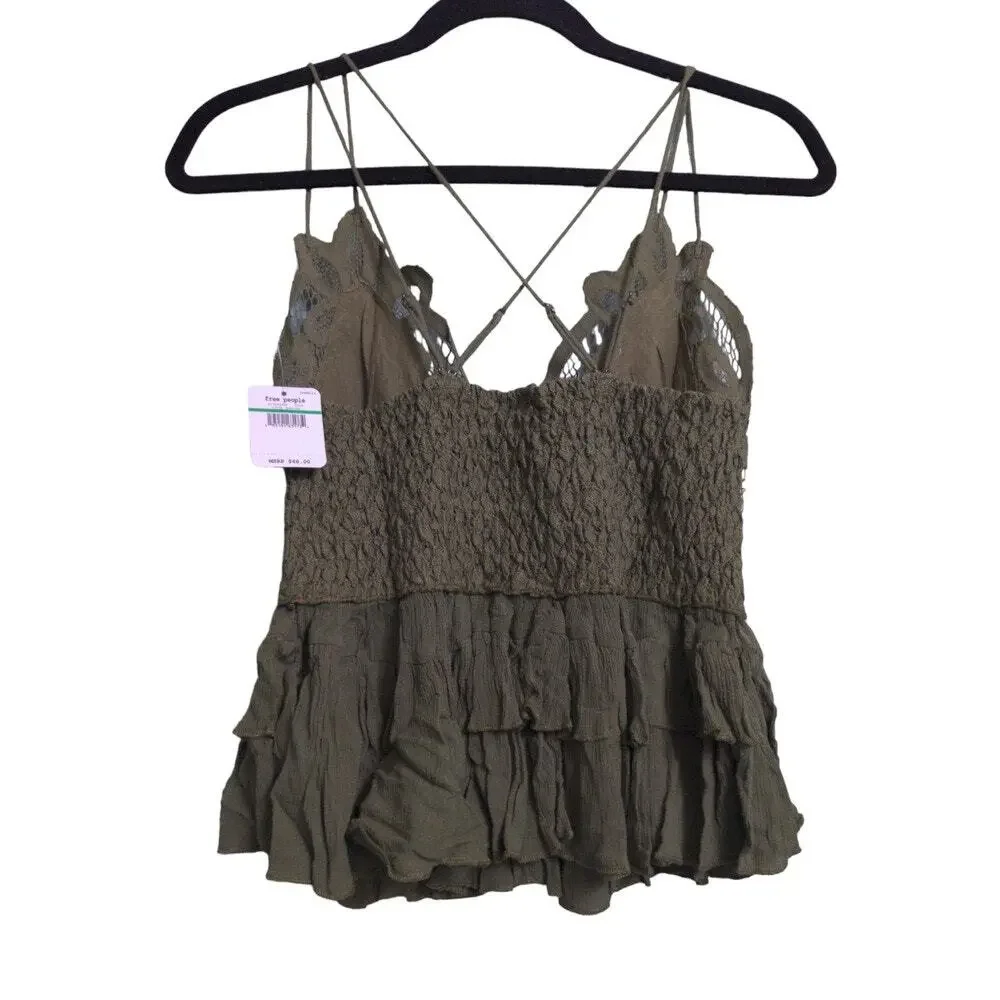 Free People Adella Cami Crochet Lace Flowy Tiered Crisscross Olive Sparrow S New